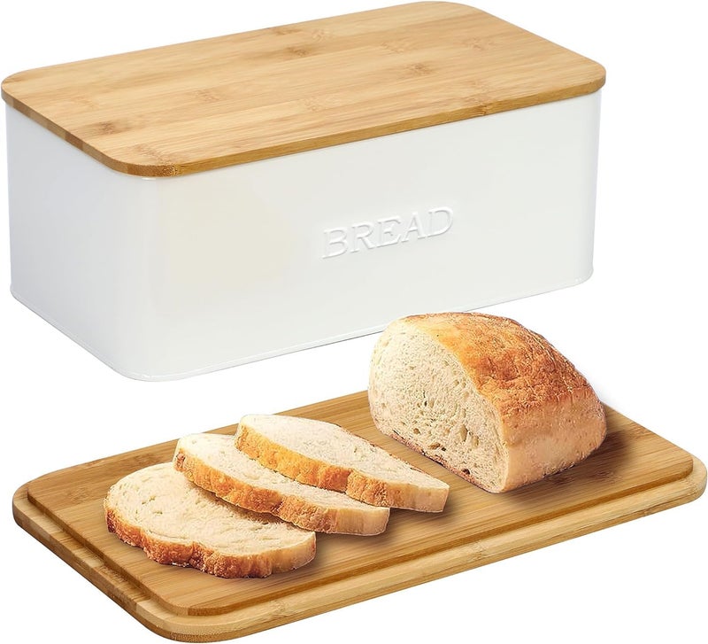 Outshine White Bread Box for Kitchen Countertop, Small Storage Container with Bamboo Lid, Modern Kitchen Organizer for Sourdough, Buns, and Loaves, Bread Storage with Cutting Board Lid - Image 1